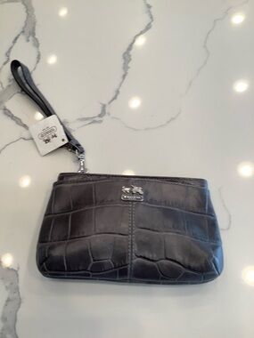 Coach Grey  Croc-Embossed Leather Wristlet with Silver Hardware